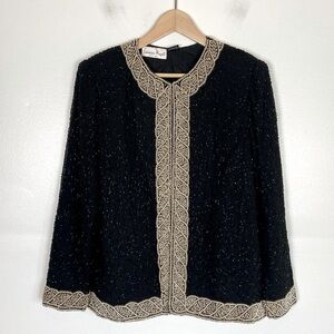 Laurence Kazar Beaded Sequin Evening Jacket Size M Black Embellished